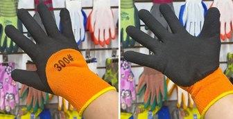 Перчатки акриловые со вспененным латексным покрытием оранжевые, чёрная ладонь 3/4